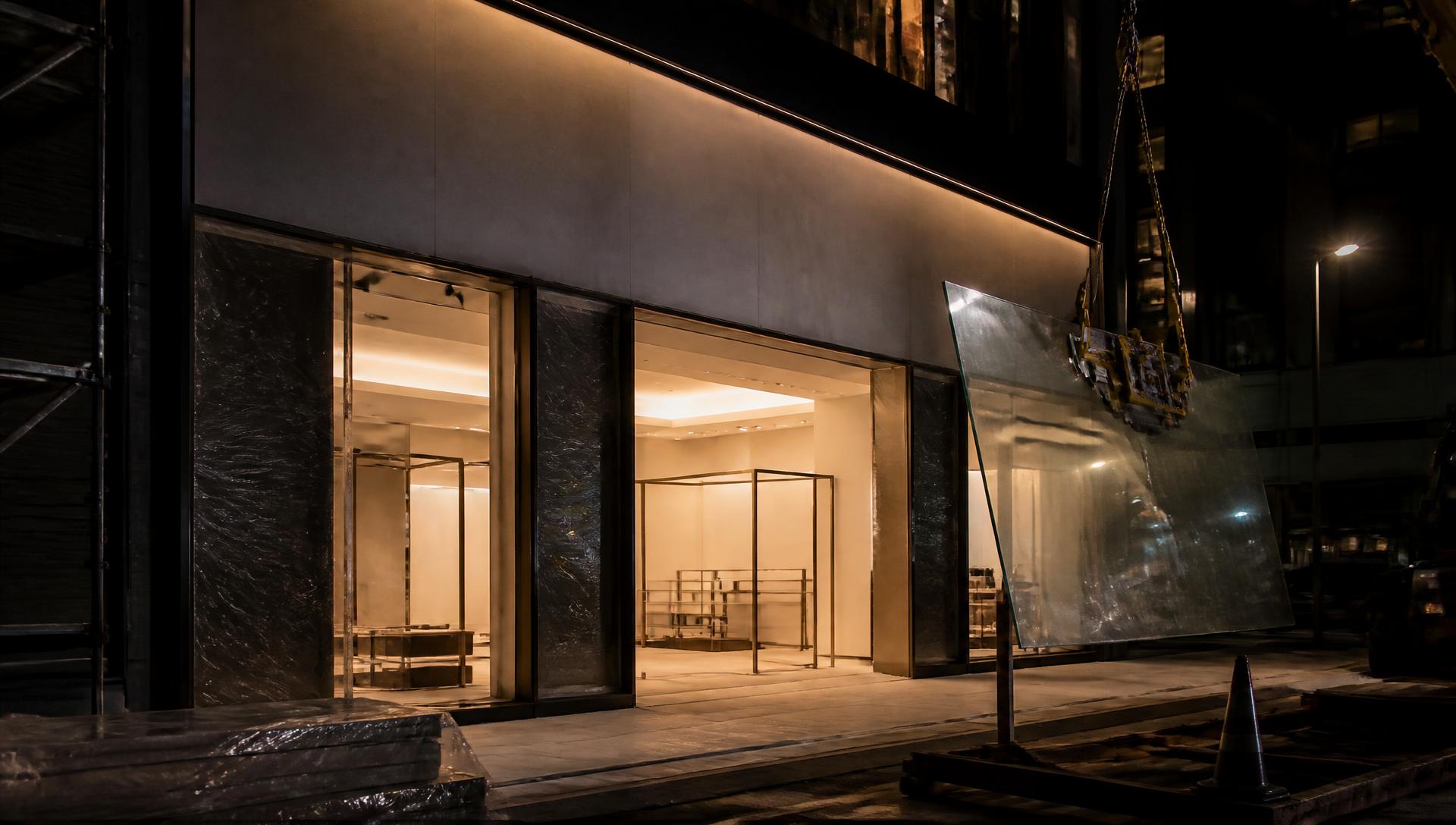 Night installation of an international retail storefront