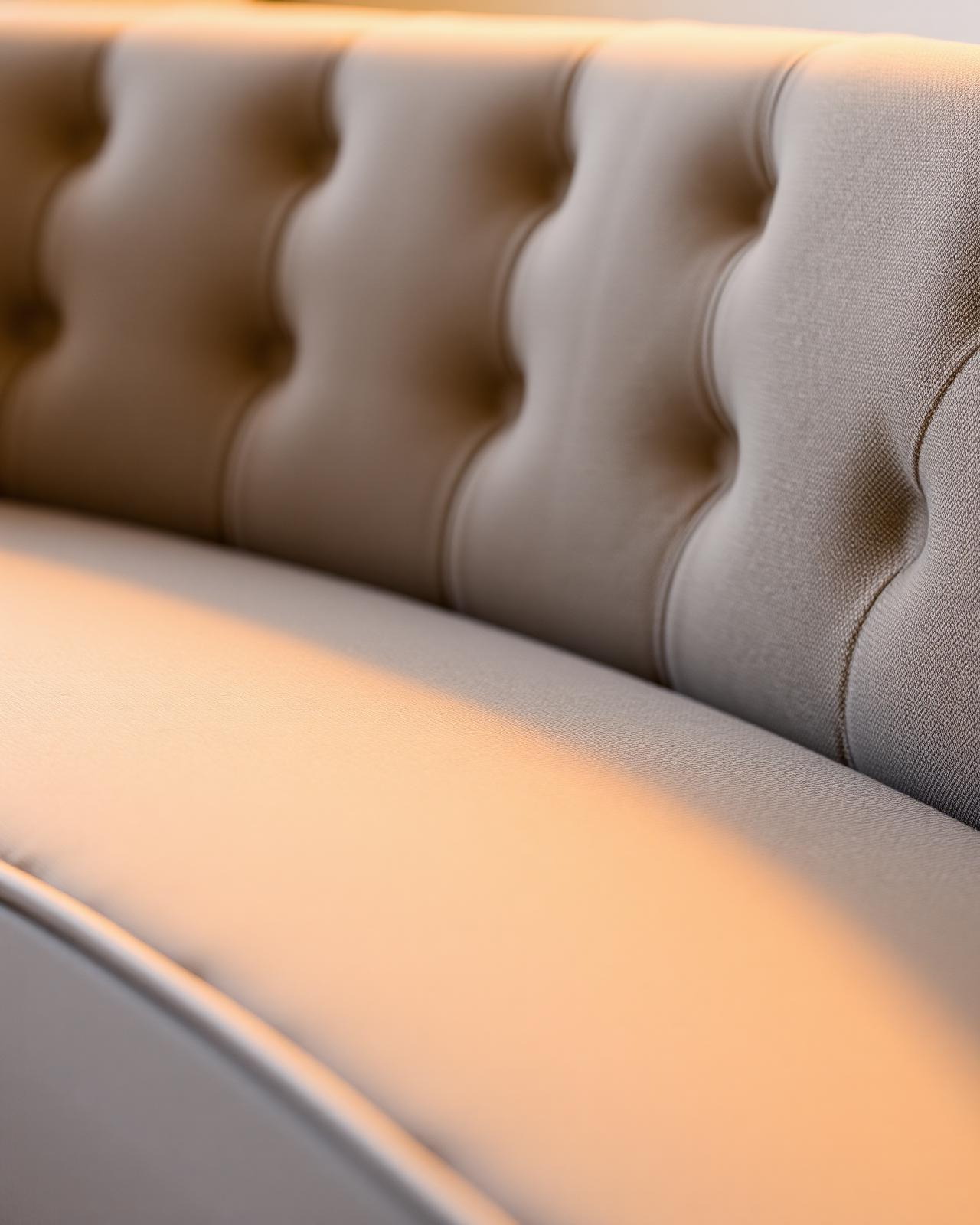 Macro detail of upholstered bouclé fabric with piped seam