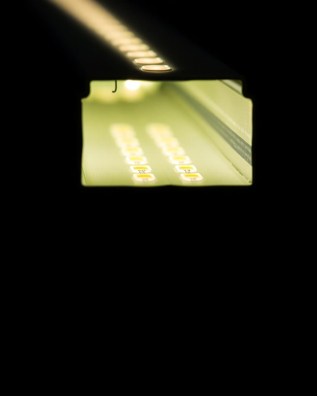 Macro detail of an LED strip inside an aluminium channel