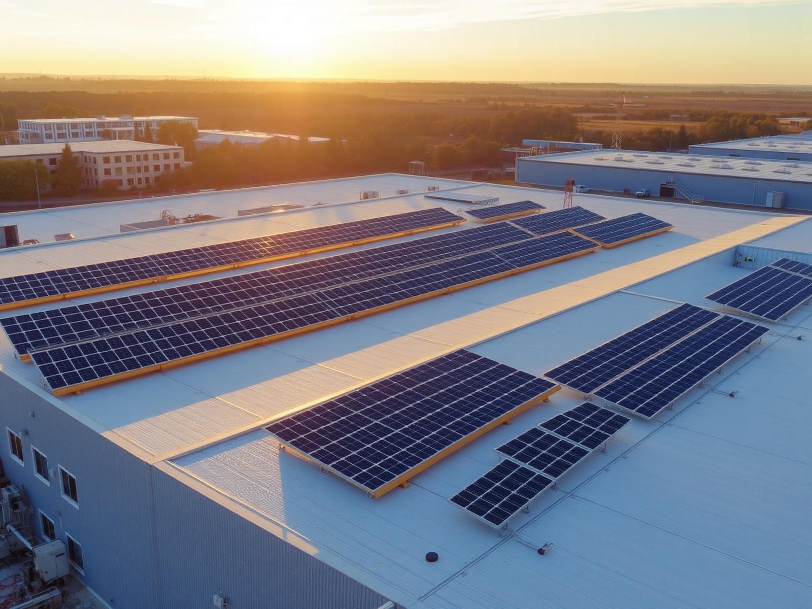 Solar panels installed on the roof of a REDWOOD production facility