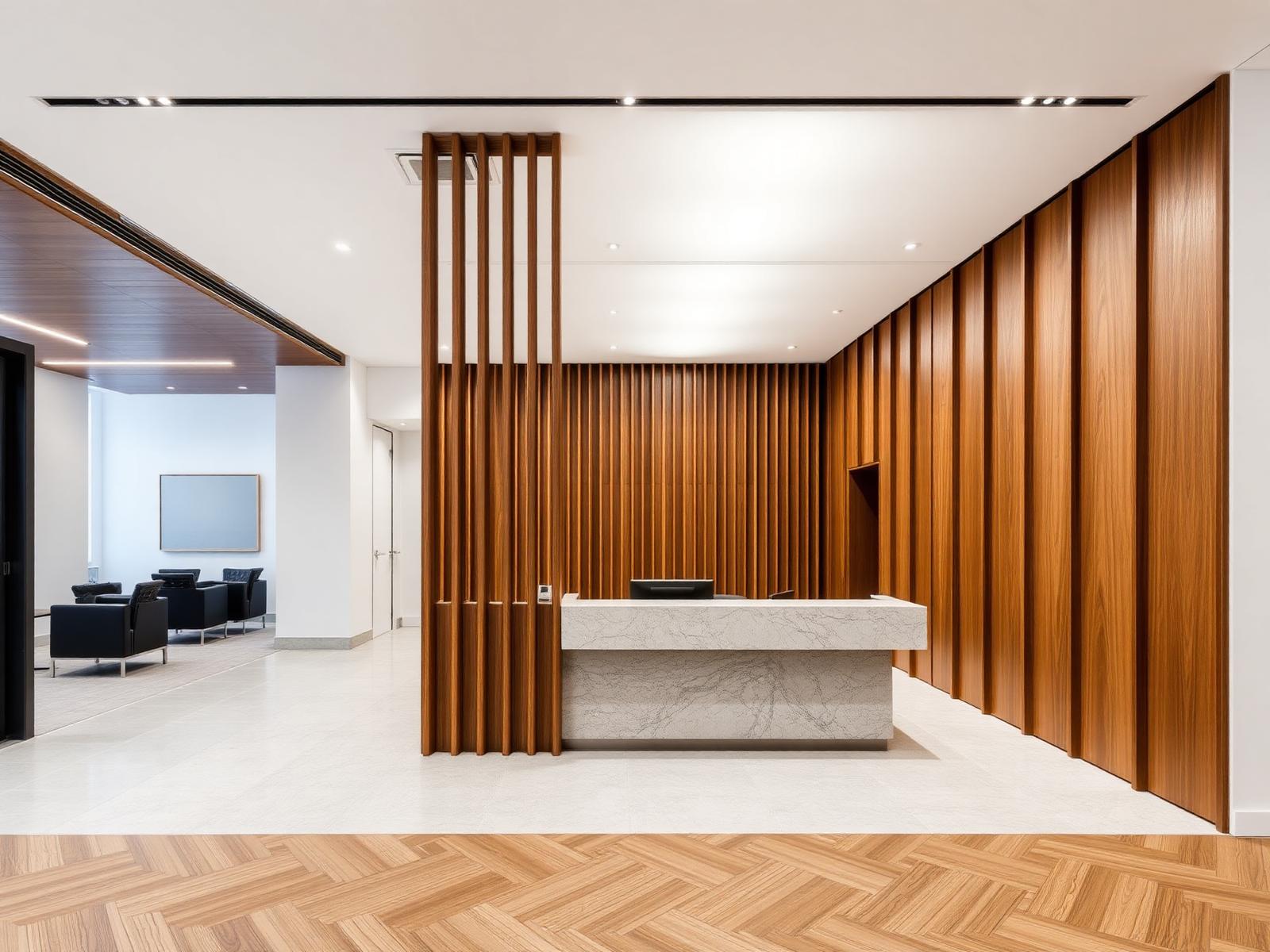 Stone reception counter in a corporate lobby