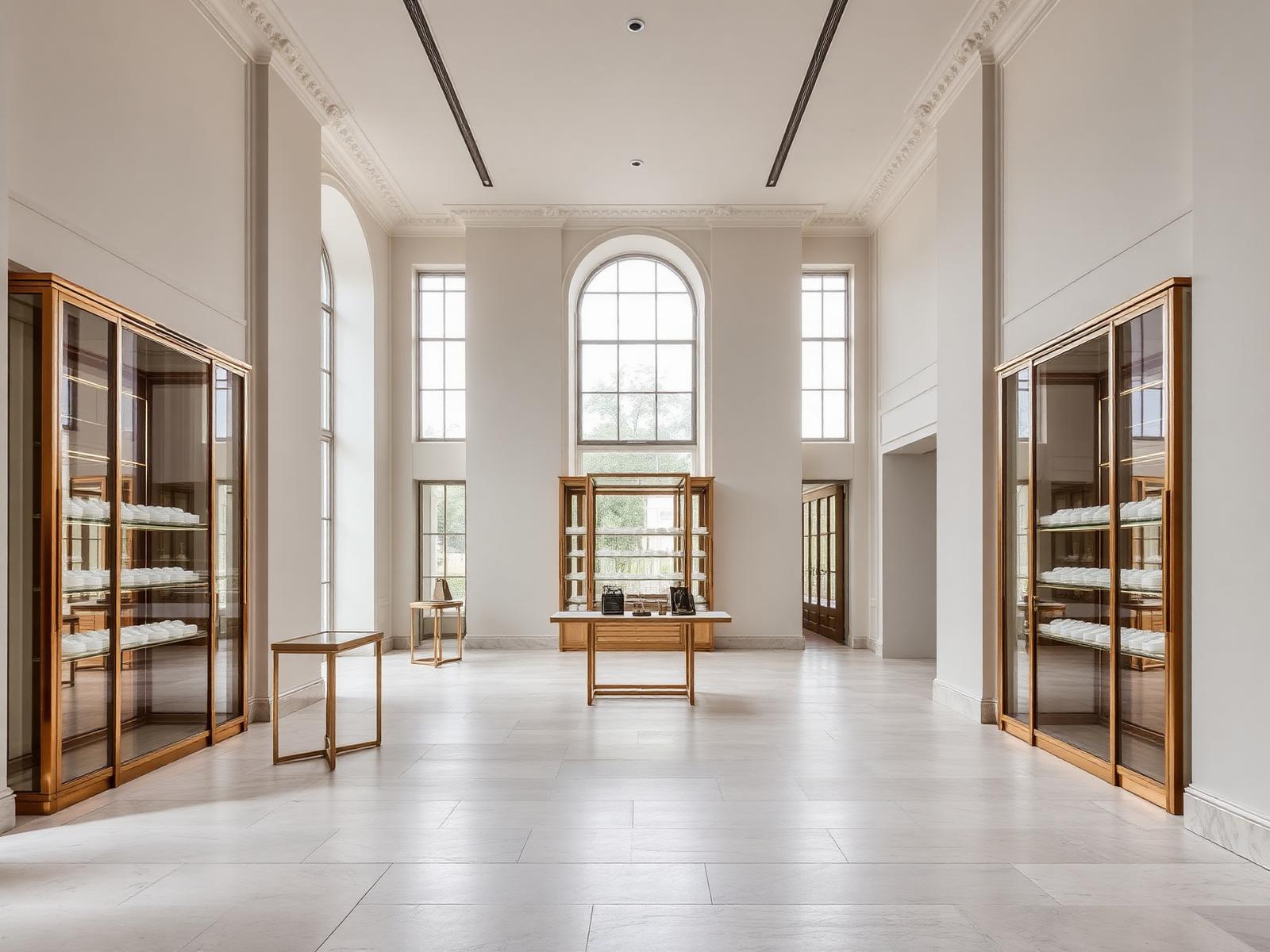 Boutique interior with pale stone floor and display vitrines