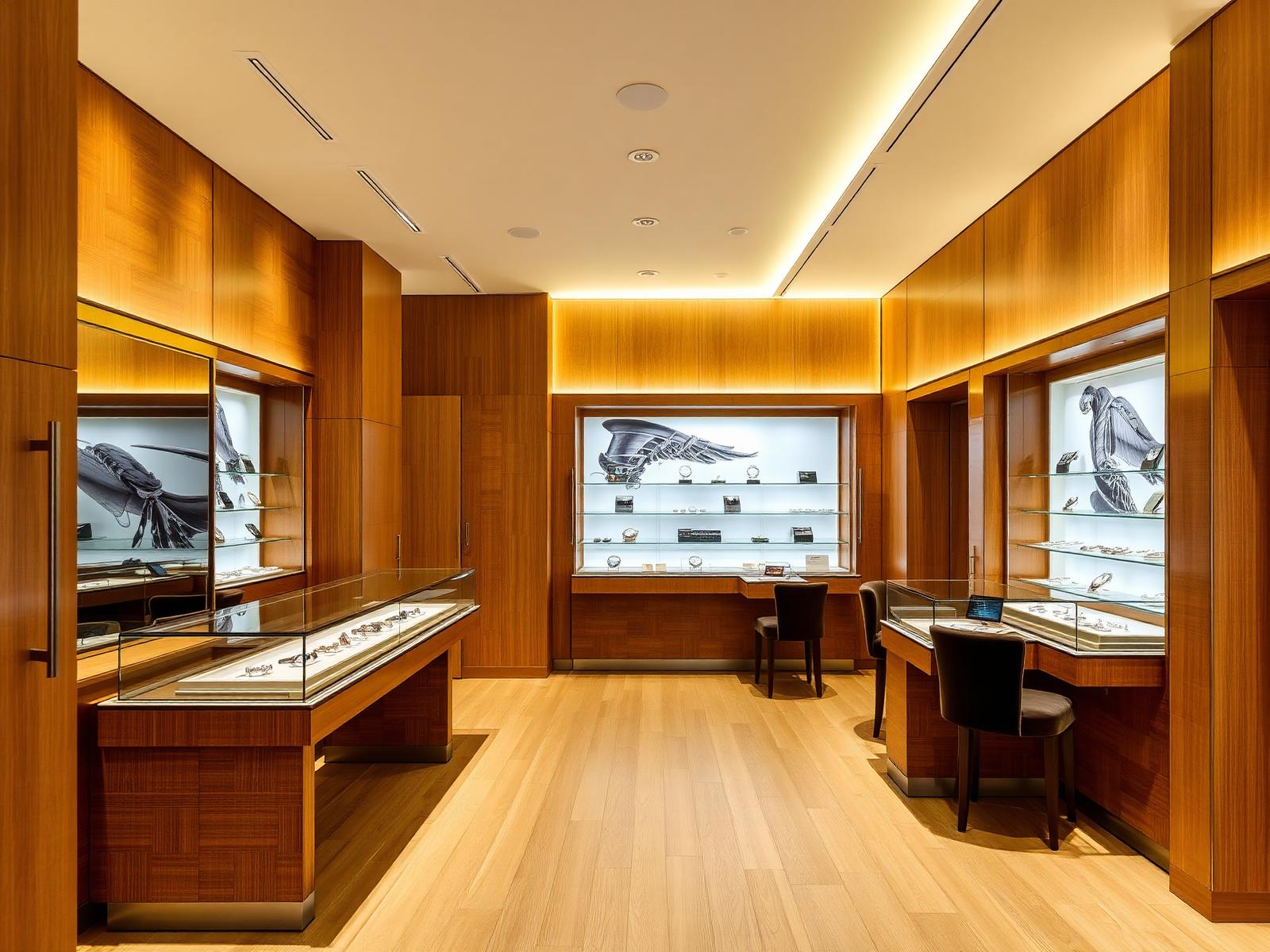 Timber-panelled watch and jewellery salon