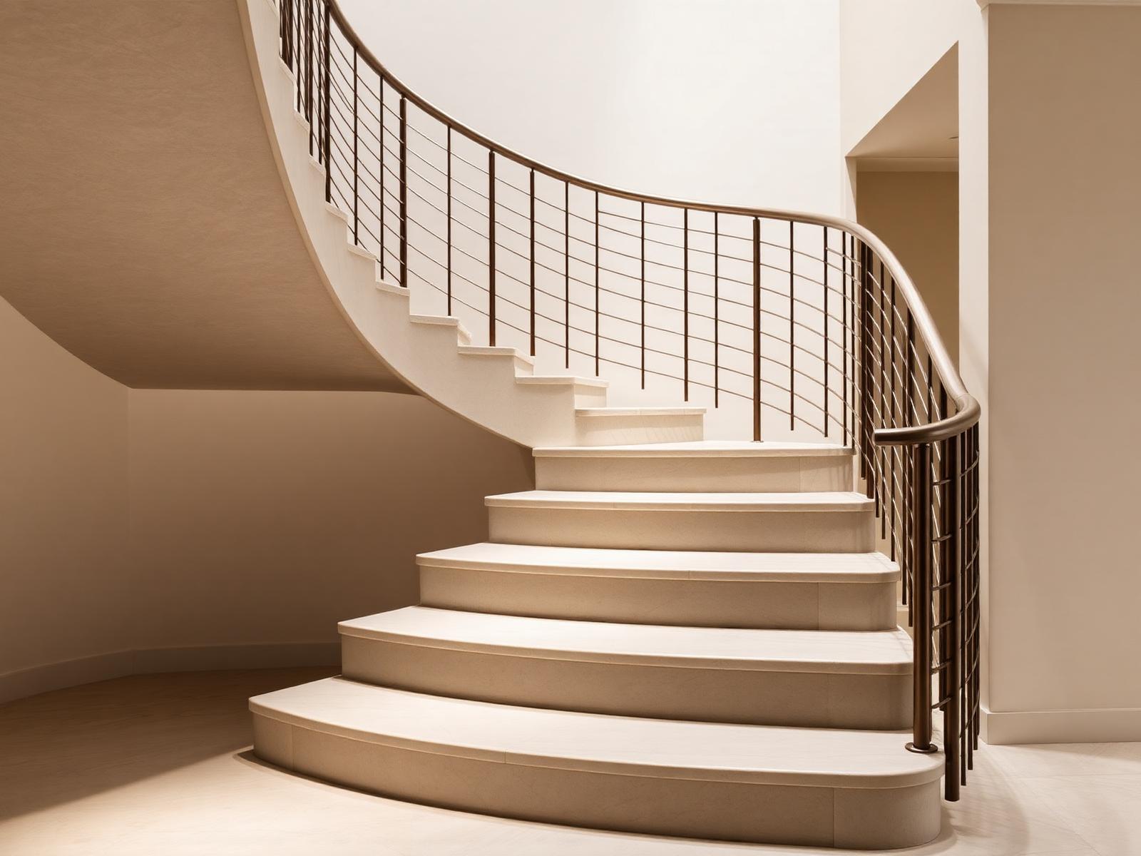 Sculptural stone staircase with bronze balustrade